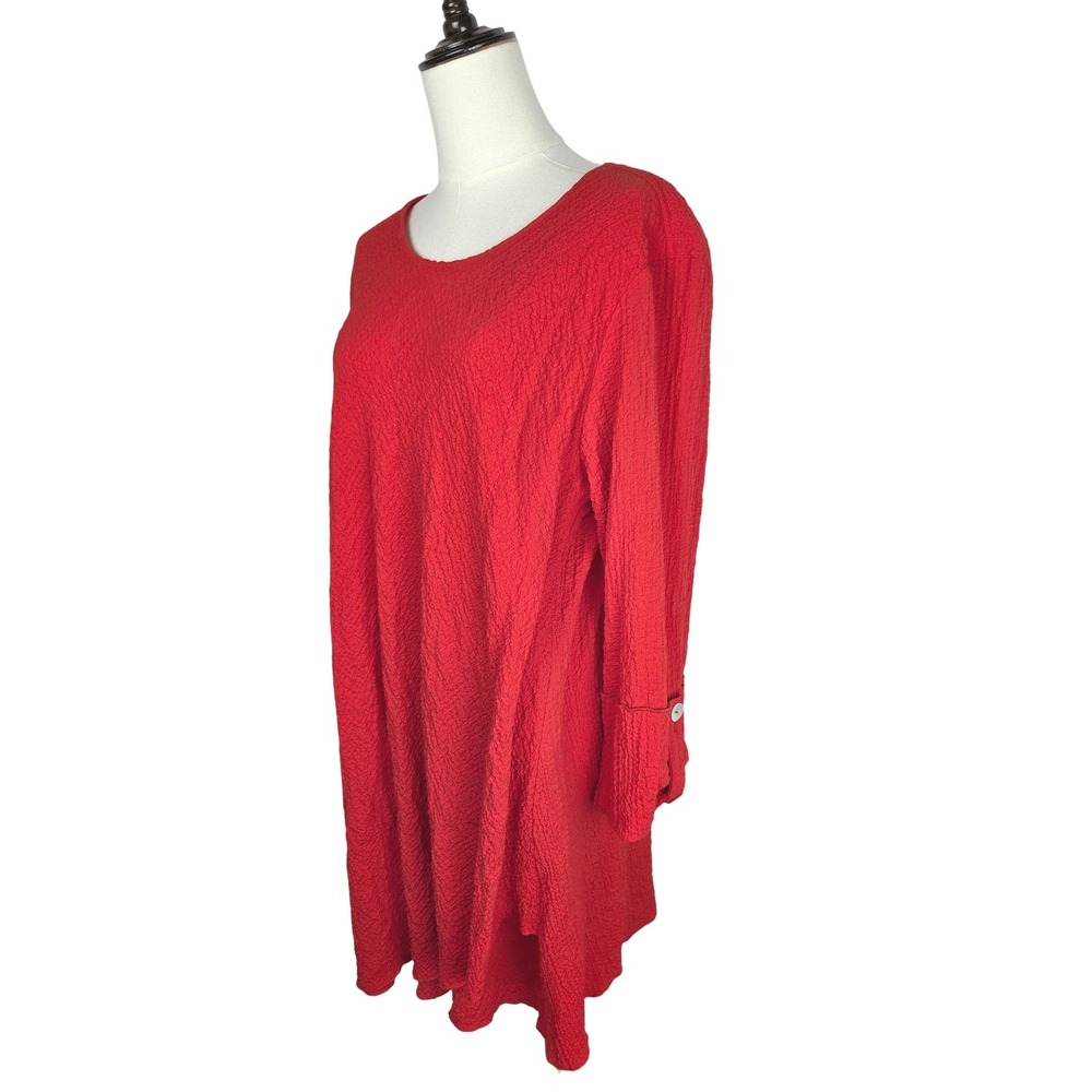 Ali Miles Tunic Dress Size Large Red Crinkle Texture Long Sleeve Lagenlook EUC